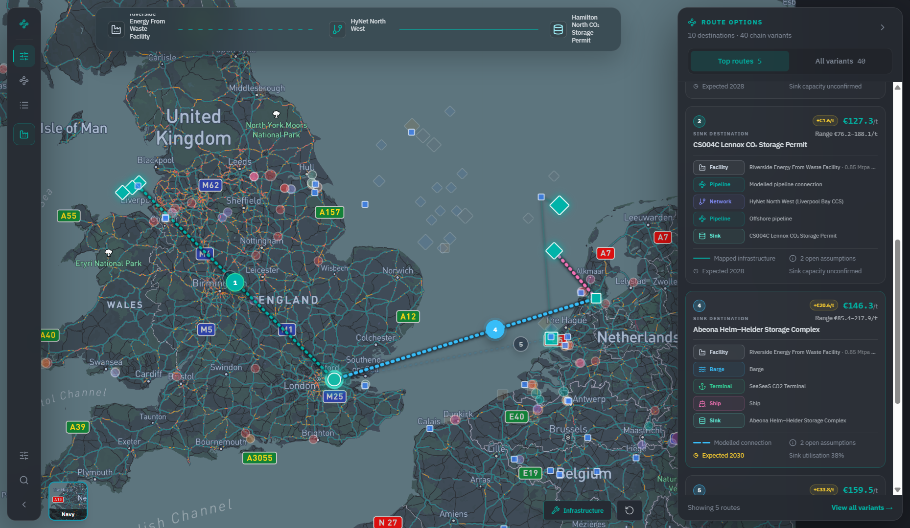 Chain Studio screen showing a selected emitter, a multimodal transport chain and ranked route options with an indicative cost per tonne.