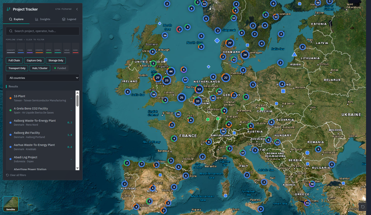CCS Project Tracker showing pipeline stages and filtered project results across Europe.