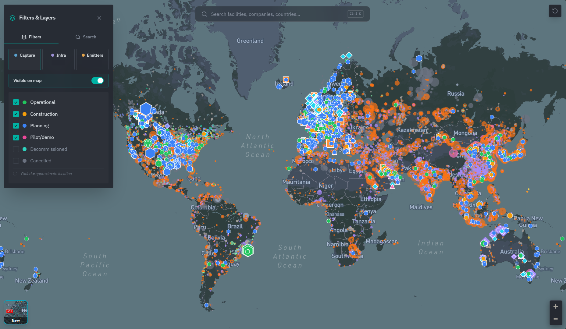 Global CCS coverage map showing emitters, capture projects and infrastructure across regions.