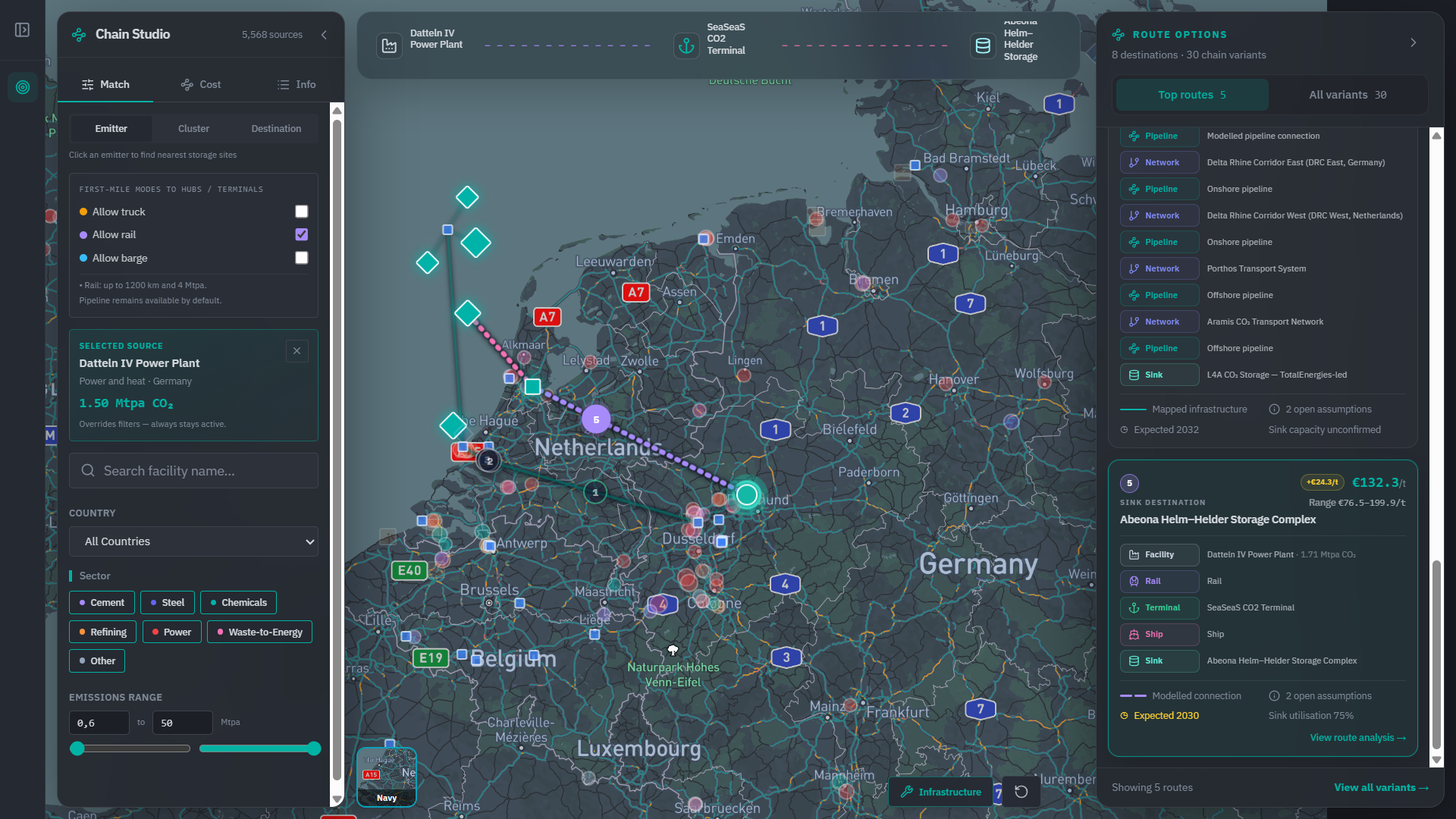 Chain Studio evidence view showing source-linked assumptions, cost ranges and scenario controls.